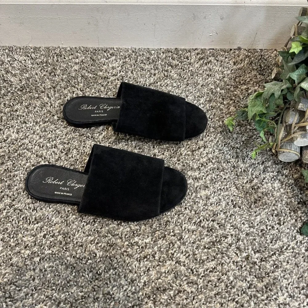 Robert Clergerie Slip On Slide Flat Sandals Shoes Black Suede Size 35.5 US 5